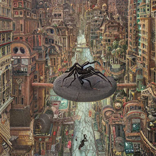 Prompt: gigantic ant walking through the center of a populated city, extreme detail, abstract realism, highly ornate intricate details, 1 9 2 0's colored pencil, 4 k, cinematic lighting,