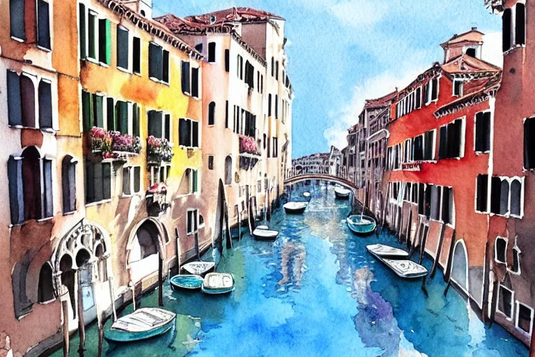 Image similar to !! watercolor!! venice in a sunny day, colorful high contrast,!! very coherent!!, dark shadow, thick lineart