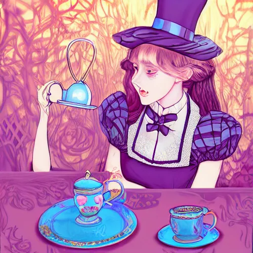 Image similar to Alice in Wonderland having a tea party with the Mad Hatter, in the style of Magic Realism, inspired by shoujo manga, harajuku street fashion, John Singer Sargent, Möbius, Neil Gaiman, yayoi kusama, Grimes, pastel goth, dramatic composition, ethereal, gradients and chromatic aberration effects, very thin expressive lineart, pastel and muted tones, Victorian, dreamlike, otherworldly, photorealistic 4k, hyper detailed