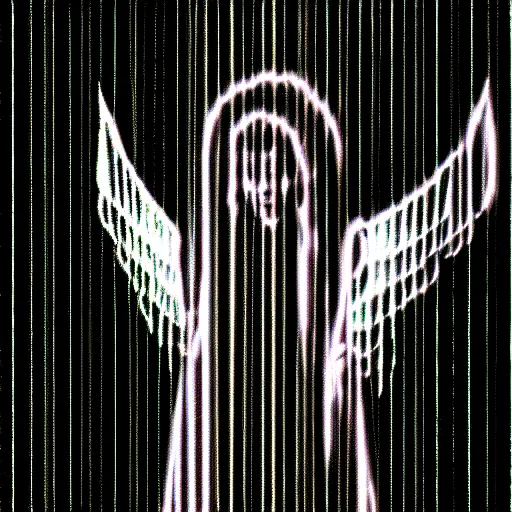 Prompt: vhs static overlay of angel apparition, vhs, 1 9 9 0, highly realistic, highly detailed, vhs noise static, black and white, vhs glitch