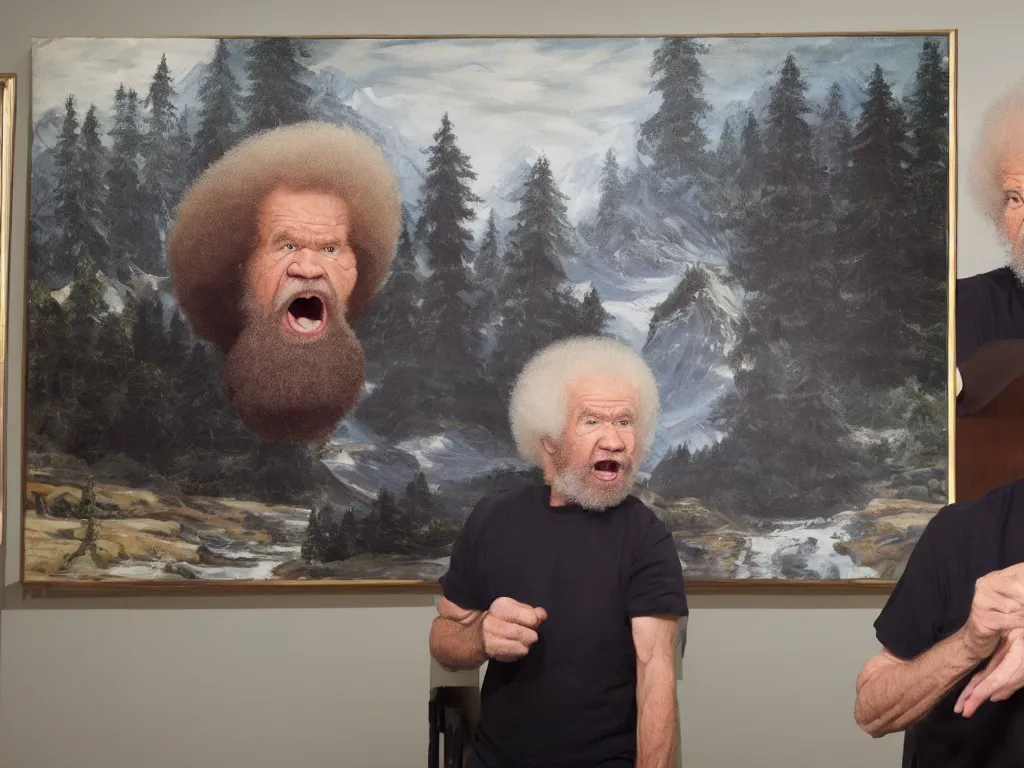 Prompt: old bob ross is sad and angry and yelling at a huge painting by bob ross, 8 k