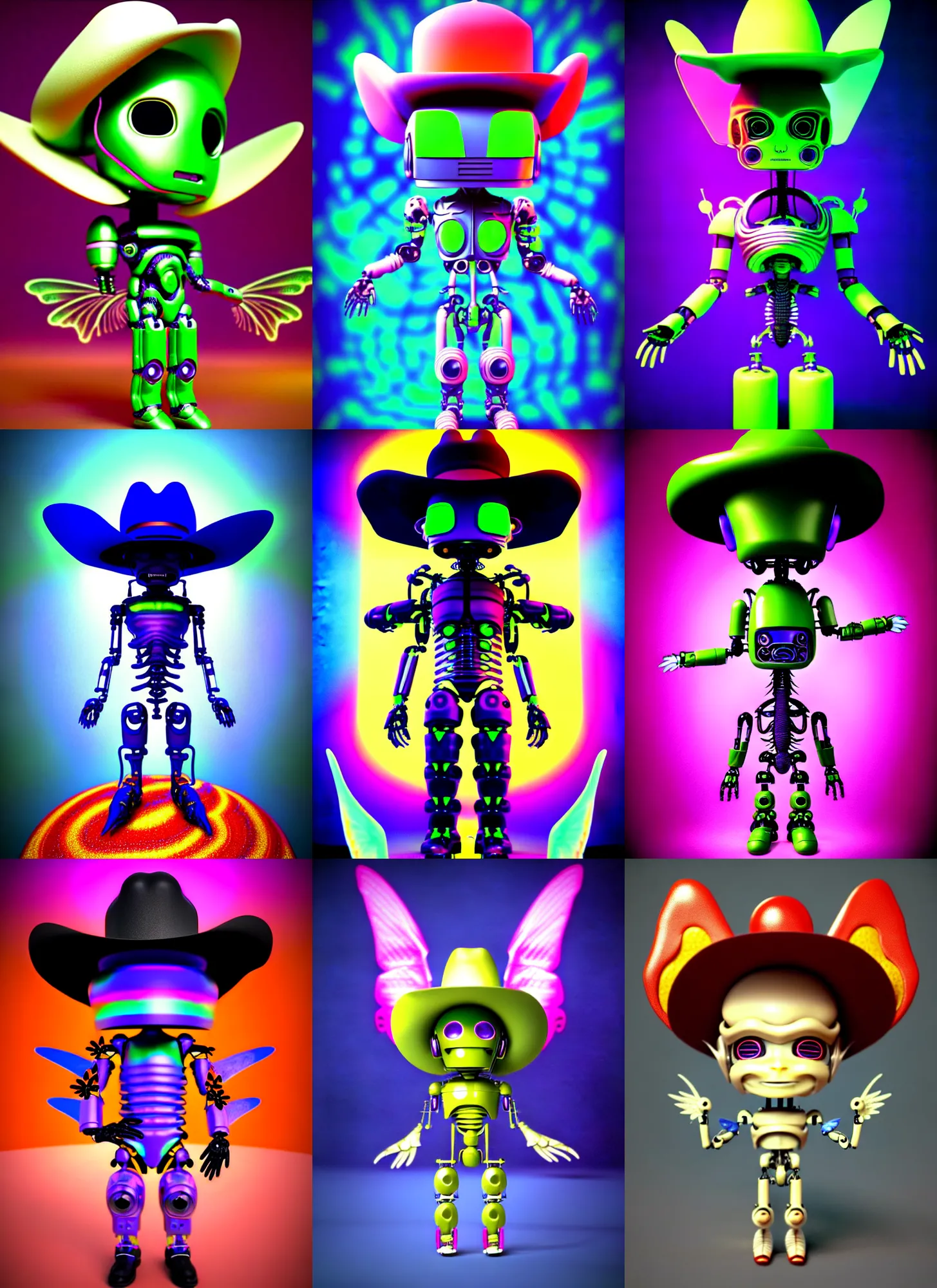 Prompt: 3 d render of chibi cyborg alien android by ichiro tanida wearing a big cowboy hat and wearing angel wings against a psychedelic swirly background with 3 d butterflies and 3 d flowers n the style of 1 9 9 0's cg graphics 3 d rendered y 2 k aesthetic by ichiro tanida, 3 do magazine