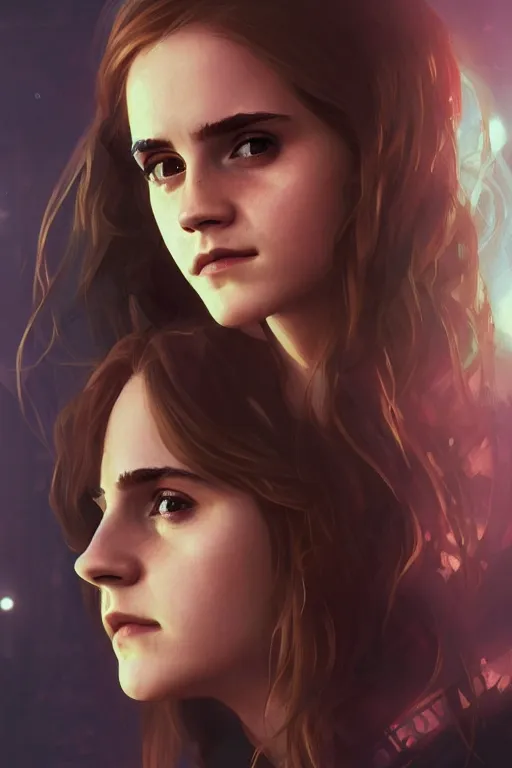 Image similar to portrait of Emma Watson as Hermione Granger in cyberpunk, neon lighting, night city, digital art from artstation by Ruan Jia and Mandy Jurgens and Artgerm and william-adolphe bouguereau and Greg Rutkowski and Wayne Barlowe