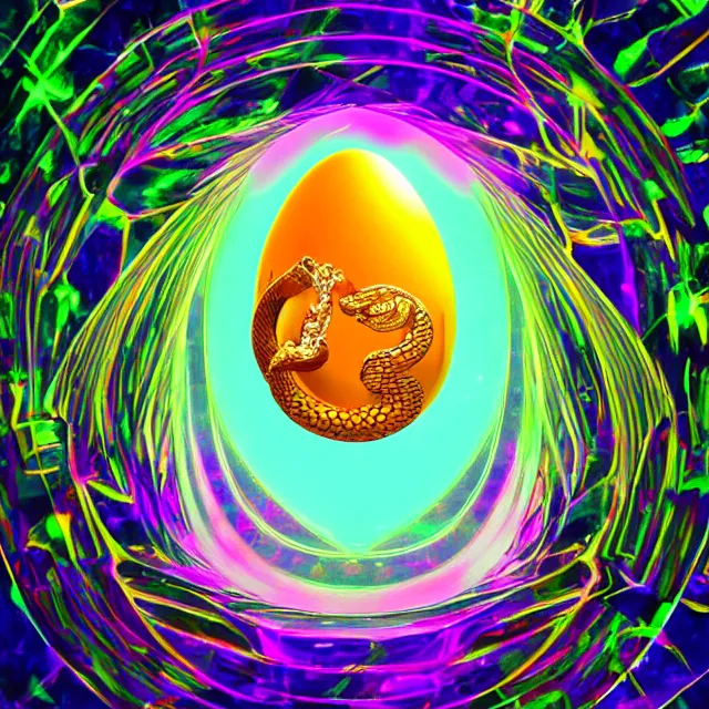 Prompt: a crystal egg breaking open with a great serpent rising out, occult aesthetics alchemy, award winning art, chromatic aberration polychromatic colors