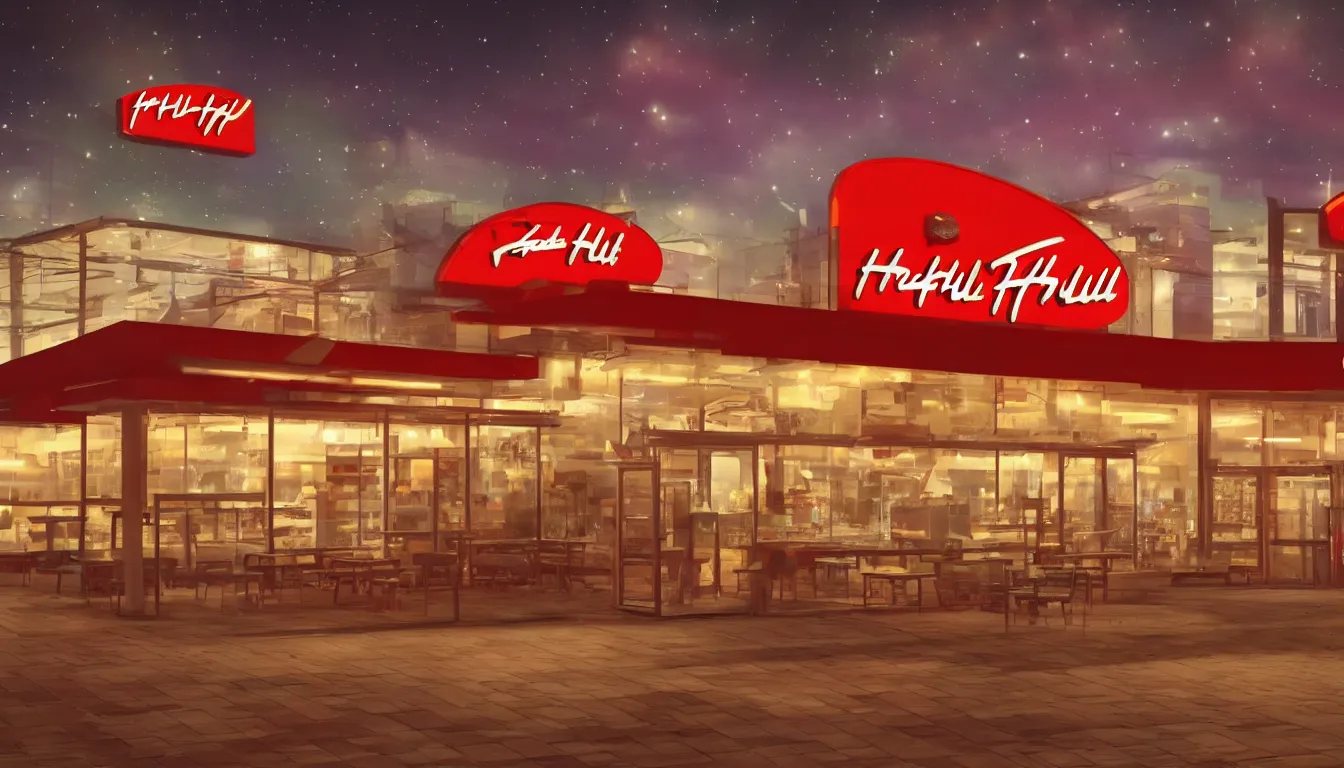 Image similar to futuristic Pizza Hut at night, photorealistic, cinematic