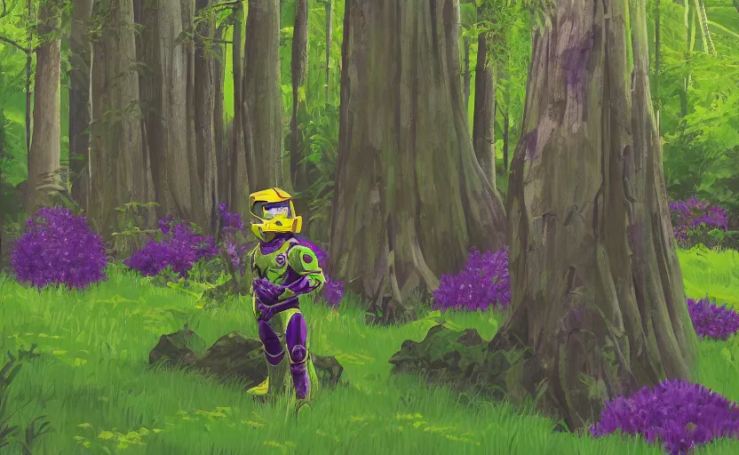 Prompt: master chief in a lush forest landscape with very tall trees and purple flowers in the style of normal rockwell