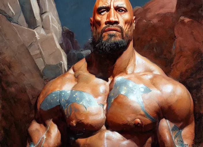 Image similar to a highly detailed beautiful portrait of the rock as kratos, by gregory manchess, james gurney, james jean