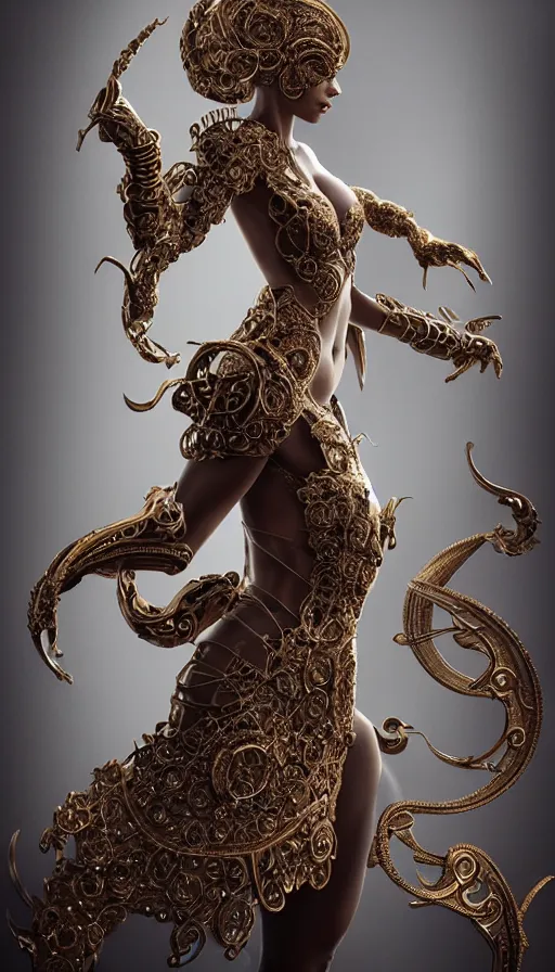 Image similar to a photo of a female in wearable sculpture art, ornate, metal works, intricate details, elegant, highly detailed, digital photography, artstation, glamor pose, concept art, smooth, sharp focus, art by artgerm and greg rutkowski, 3 d character, whole body, full body, film, photorealistic, unreal engine