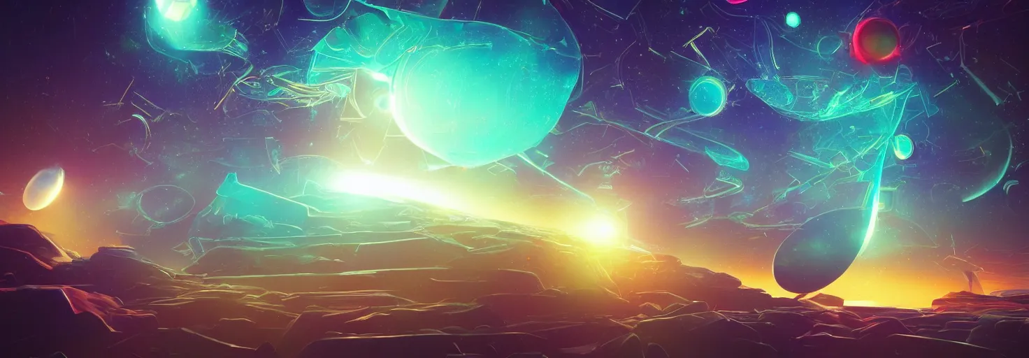 Prompt: an awe - inspiring digital art painting a mind - exploding into the cosmos, mashup digital art in the styles of beeple and jean giraud, conceptual, abstract geometrical shapes, masterful, rendered in unreal engine, lens flare, bokeh