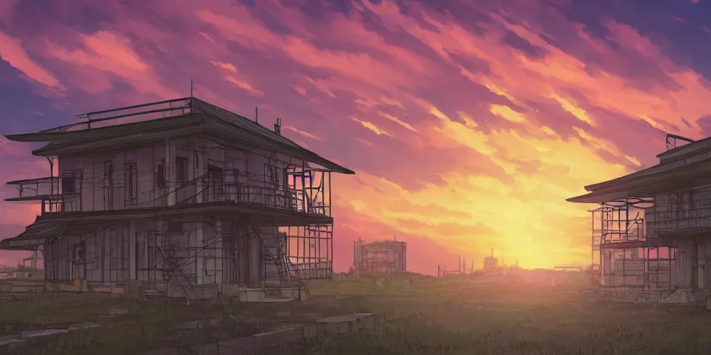 Image similar to a soviet city panel building house with sunset sky, ultra high quality, 4 k, by miyazaki and makoto shinkai, anime screenshot, colorful, artstation, pixiv,