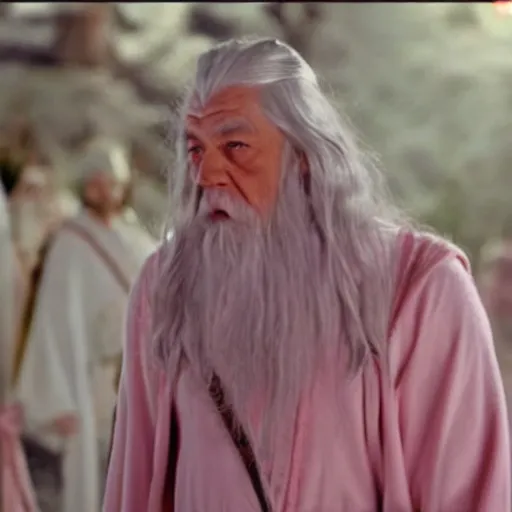 Image similar to gandalf wearing light pink robes, hello kitty hair clip, movie still from the lord of the rings