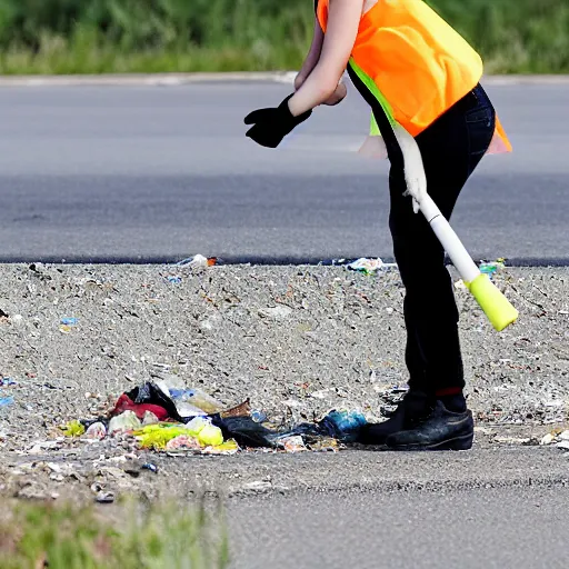 Prompt: emma watson in a hi vis vest picking up trash on the side of the interstate. 2 0 0 mm zoom, humidity haze, midday sun,