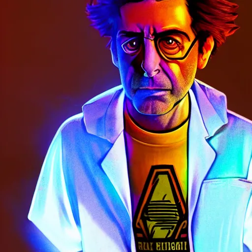 Prompt: portrait art of rick sanchez, ( ( ( ( ( rick and morty ) ) ) ) ), lab coat and tee shirt, lens flare, atmosphere, glow, detailed, intricate, full of colour, cinematic lighting, 4 k, hyperrealistic, focused, extreme details, cinematic, masterpiece