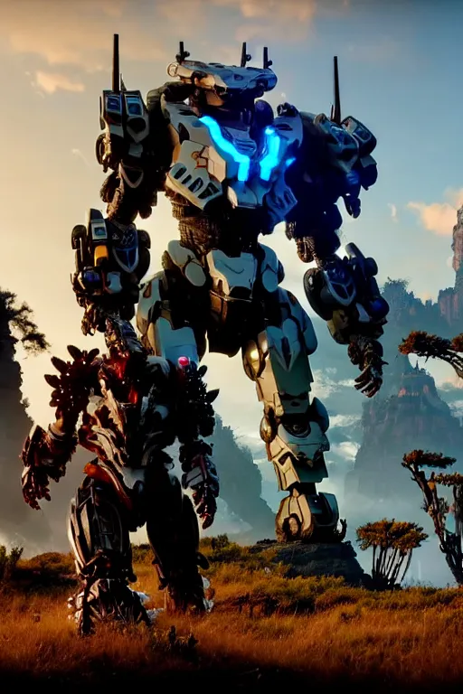 Image similar to a cinematic still from horizon zero dawn and pacific rim and westworld, full body mech, armored core, intact humanoid servo, octane render, nvidia raytracing demo, masterpiece, aged armor plating, decipticon armor plating, aggressive head, endoekeleton exposure