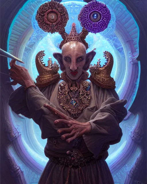 Image similar to front shot of a court jester character, hyperdimensional, bioluminescent hypercubes, ((intricate)), elegant, highly detailed, centered, (((artstation, concept art, smooth, sharp focus, artgerm, Tomasz Alen Kopera, Peter Mohrbacher, donato giancola, Joseph Christian Leyendecker, WLOP, Boris Vallejo))), mugshot!!!!!, ugly!!!!!!, octane render, nvidia raytracing demo, grainy, muted, 8K, digitalblaphemy