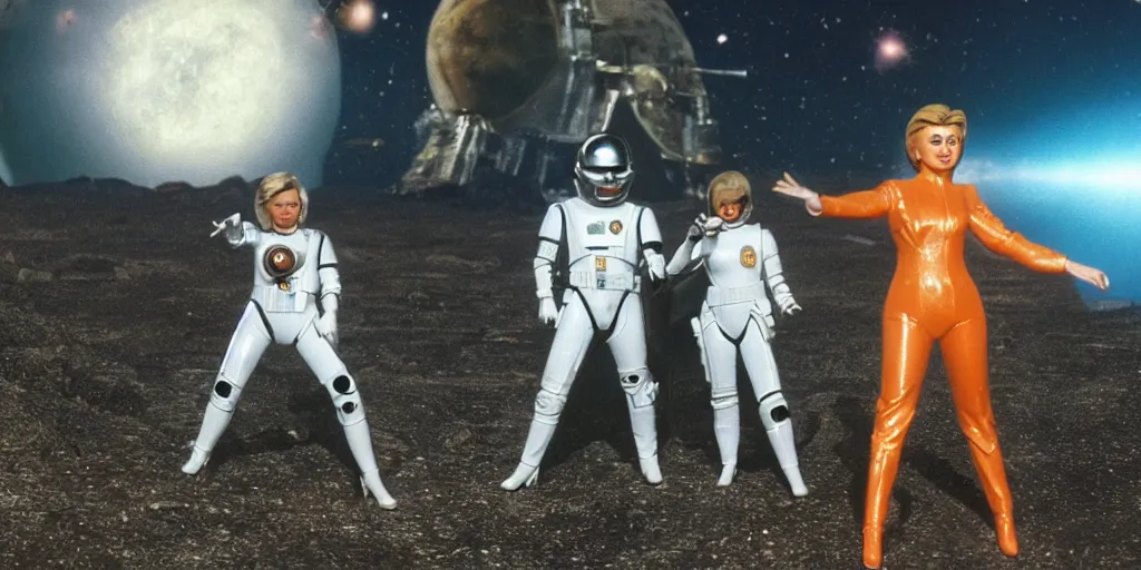 Image similar to a portrait of hillary clinton and donald trump as barbarella wearing a rocknroll glamour spacesuit, beautiful, heroic action pose firing laser guns, soft focus, depth of field, stunning alien landscape, cinematic, film grain, wide shot, in the style of kubrick, ridley scott, jodorowsky, dune, star wars, unreal engine