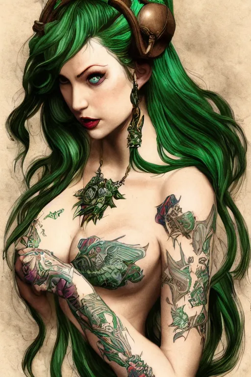 Image similar to green hair tattooed pinup hannah murray, rogue bard, feathers, baldurs gate, diablo, dnd, deep focus, turnaround, fantasy, intricate, elegant, highly detailed, digital painting, artstation, concept art, matte, sharp focus, illustration, hearthstone, art by artgerm and greg rutkowski and alphonse mucha.