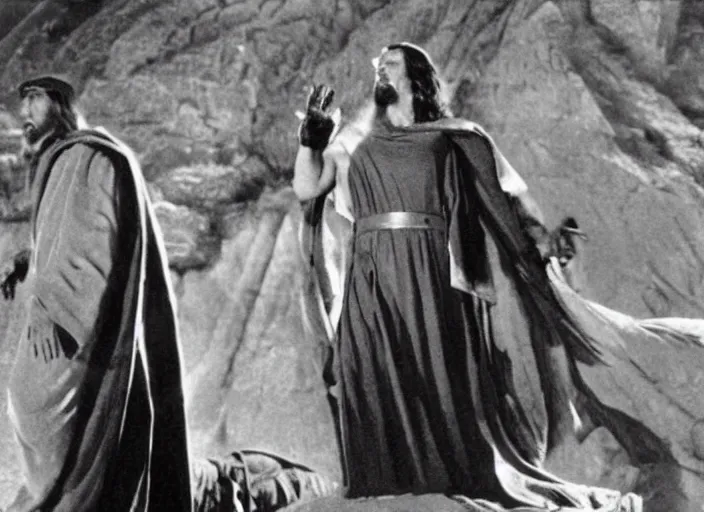 Image similar to film still of Christian Bale as Moses in The Ten Commandments 1956