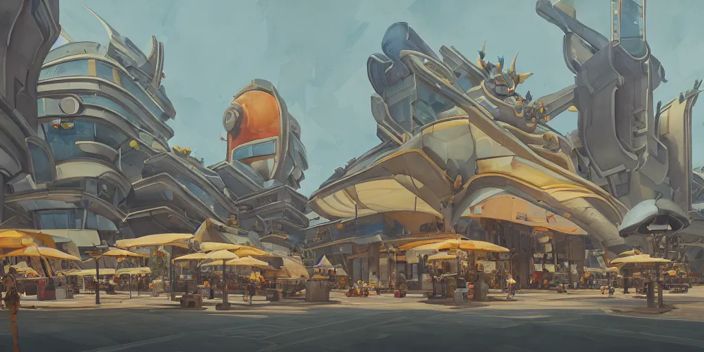 Prompt: overwatch building, stylized, exterior, architecture, in watercolor gouache detailed paintings, insanely detail, artstation, 8 k, futuristic, big medium small, arcane, simon stalenhag, food stall, interesting shapes & form, golden ratio, megastructures, vitaly bulgarov, mall, elites, clean