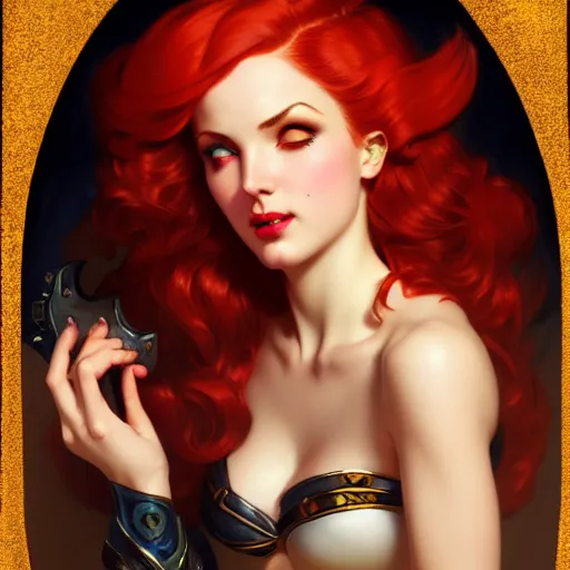 Prompt: of Miss Fortune from League of Legends, dark fantasy, medium shot, intricate, ornate, elegant, highly detailed, digital painting, volumetric light, artstation, concept art, smooth, sharp focus, illustration, art by Gil elvgren and charlie bowater and greg rutkowski and alphonse mucha