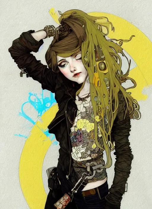 Image similar to highly detailed portrait of a moody sewerpunk young adult lady with a harris tweed holdy by greg tocchini, by krenz cushart, by alphonse mucha, by kaethe butcher, gradient yellow, black, brown and cyan color scheme, grunge aesthetic!!! ( ( graffiti tag city background ) )