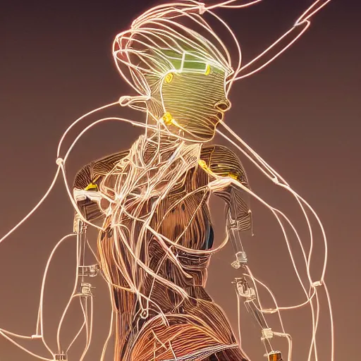 Prompt: a beautiful body of a pilot woman partially made of wires and electronic circuits, an ultrafine detailed illustration by james jean, final fantasy, intricate linework, bright colors, behance contest winner, vanitas, angular, altermodern, unreal engine 5 highly rendered, global illumination, radiant light, detailed and intricate environment