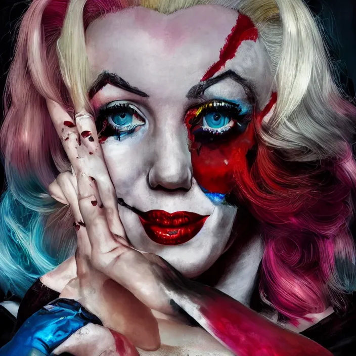 Prompt: portrait of Marilyn Monroe as a harley quinn in Suicide Squad. intricate abstract. intricate artwork. by Tooth Wu, wlop, beeple, dan mumford. octane render, trending on artstation, greg rutkowski very coherent symmetrical artwork. cinematic, hyper realism, high detail, octane render, 8k, iridescent accents