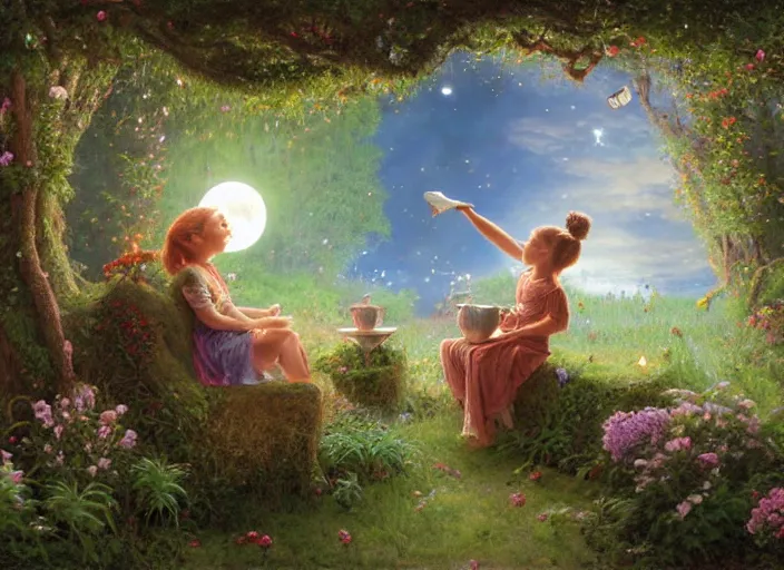 Image similar to 3D artist staring into the camera sculpting a teapot, fireflies, full moon, Lilia Alvarado, Sophie Anderson, Mark Arian, Bob Byerley, Charlie Bowater, Mark Brooks, Steve Henderson, Justin Gerard, Arthur Hughes, Edward Robert Hughes, Mark Keathley, Victor Nizovtsev, Carlos Shwabe, Ross Tran, WLOP