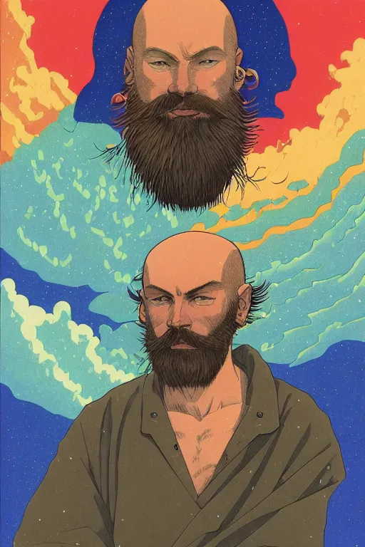 Image similar to a colorful closeup portrait of a young bald man with a very long wild beard dreaming psychedelic hallucinations in the vast icy landscape of antarctica, by kawase hasui, moebius and edward hopper, colorful flat surreal design, hd, 8 k, artstation