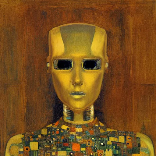 Prompt: portrait of a robot by gustav klimt in the style of greg rutkowski