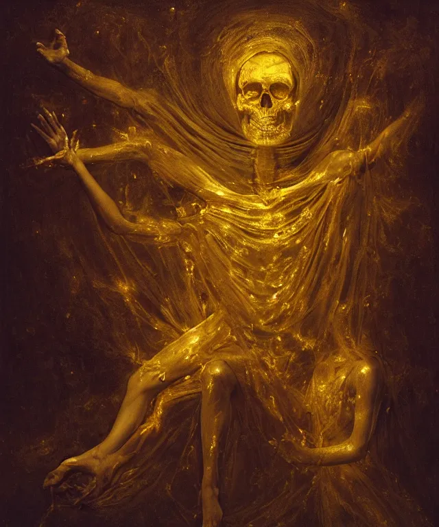 Image similar to Beautiful full-body wax sculpture of a glowing transparent woman with a skull face in glowing dress with visible gold bones covered with melted white wax inside the singularity where stars becoming baroque folds of dark matter by Michelangelo da Caravaggio, Nicola Samori, William Blake, Alex Grey and Beksinski, dramatic volumetric lighting, highly detailed oil painting, 8k, masterpiece