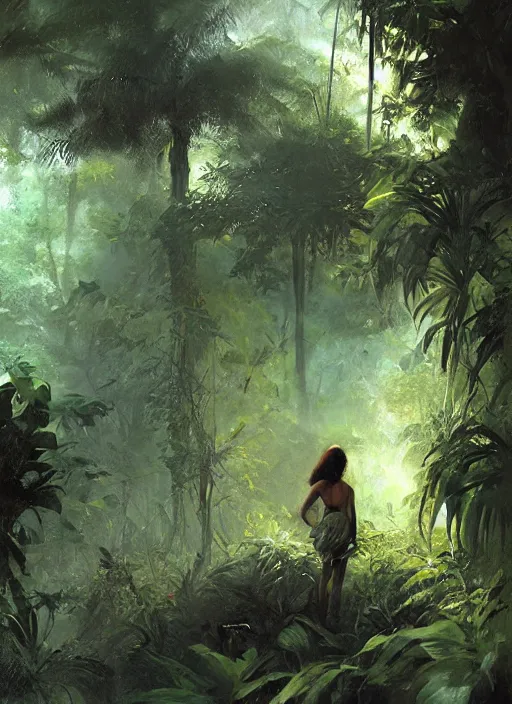 Prompt: a girl in a dark jungle landscape, by craig mullins - w 7 0 0