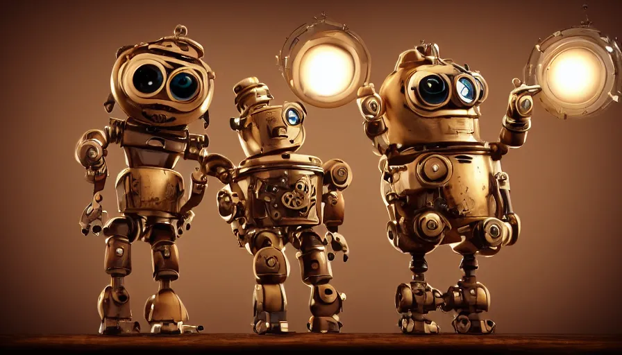 Image similar to two cute steampunk robots with human skin and large shiny eyes smiling and waving, isolated on white background, cinematic lights, 3D occlusion