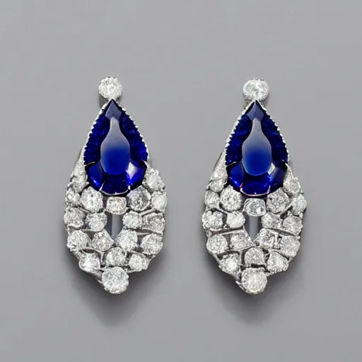 Prompt: teardrop sapphire earrings with diamond accent. 1 9 2 0's, flapper, great gatsby