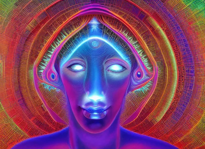 Image similar to ai transcendence into collaborative intelligence, connectedness, body, by alex grey, album cover, award winning, beautiful, colorful, volumetric lighting, trending on artstation