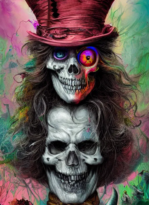 Image similar to mad hatter, call of cthulhu, half skull half face, highly detailed, cinematic, 8 k, by megan duncanson, benjamin lacombe, adrian borda, stanley artgermm, tom bagshaw, craig mullins, carne griffiths, ayami kojima, beksinski, giger, trending on deviantart, hyper detailed, horror, full of colour