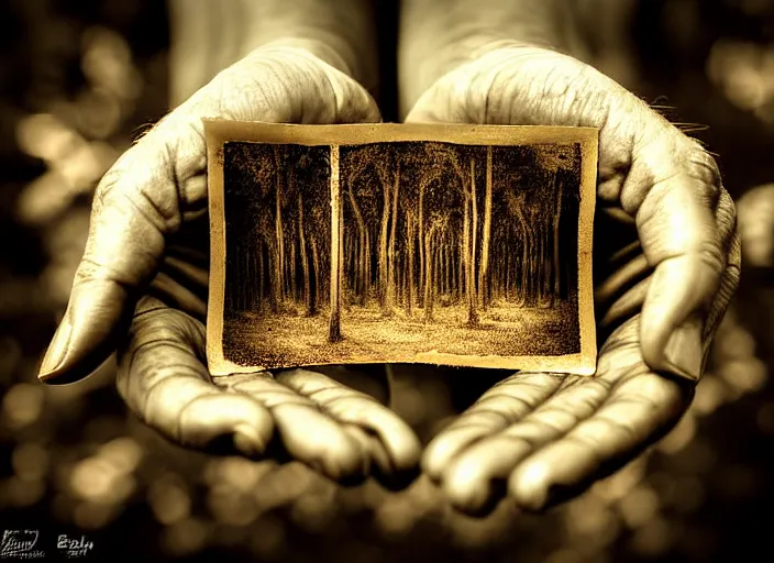 Image similar to old retro burnt out sepia photograph with scratches of an old and wrinkled hand with five fingers!! holding a few golden coins with royal engravings. magical forest in the background with bokeh. Antique. High quality 8k. Intricate. Sony a7r iv 35mm. Award winning. Zdzislaw beksinski style