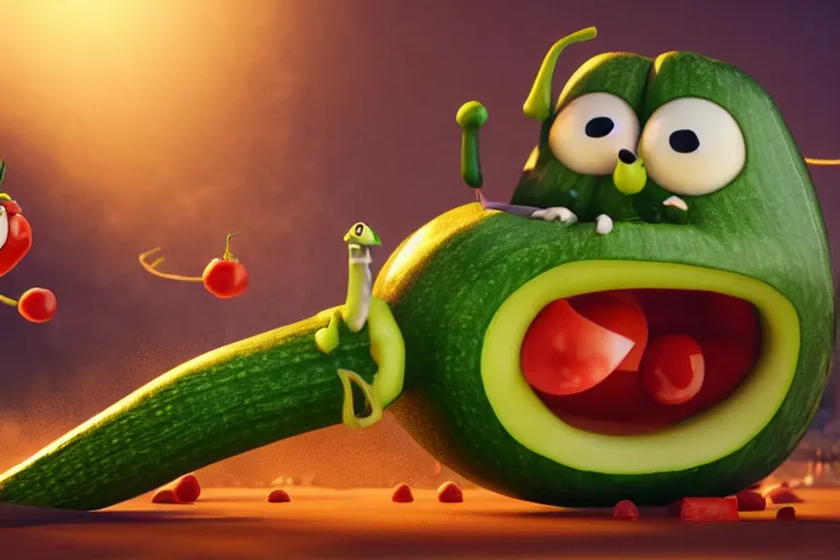 Image similar to detailed 3 d render of a mad zucchini with a bloody sword in his hand, running down a winded road chasing after a group of scared tomatoes, hyper realistic octane render, dramatic lighting, high speed chase, wide angle, nightmare, surrealism, pixar, disney, cartoon