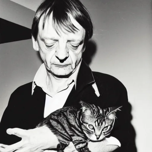 Image similar to mark e smith holding up a cat by the tail, sniffing the cat