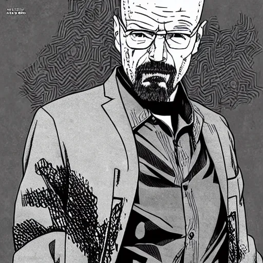 Prompt: Walter White, manga illustration by Hirohiko Araki, Jojo, Shonen Jump, detailed