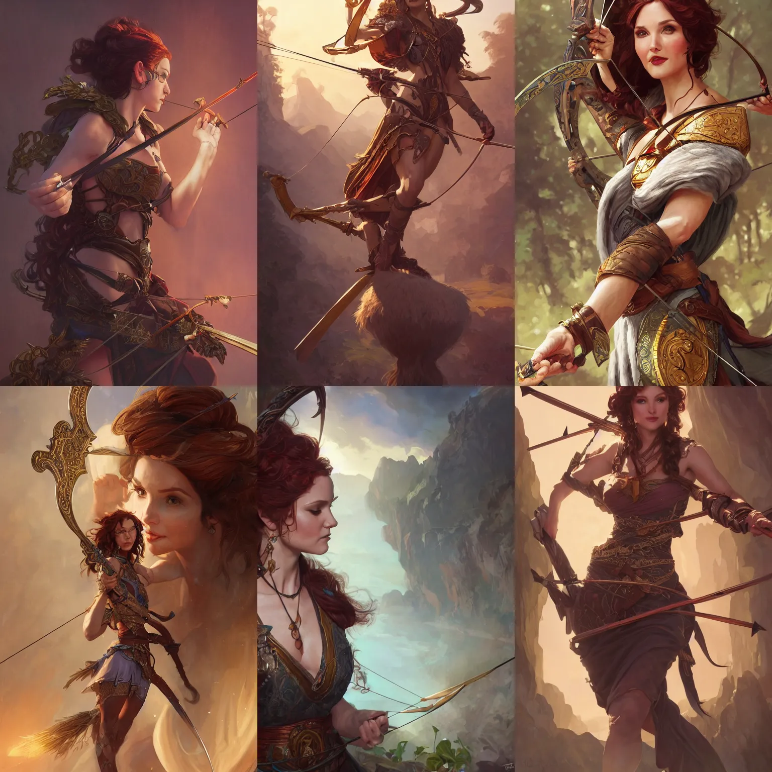 Prompt: photography of amy yasbeck as an archer, deep focus, d & d, fantasy, intricate, elegant, highly detailed, digital painting, artstation, concept art, matte, sharp focus, illustration, hearthstone, art by artgerm and greg rutkowski and alphonse mucha