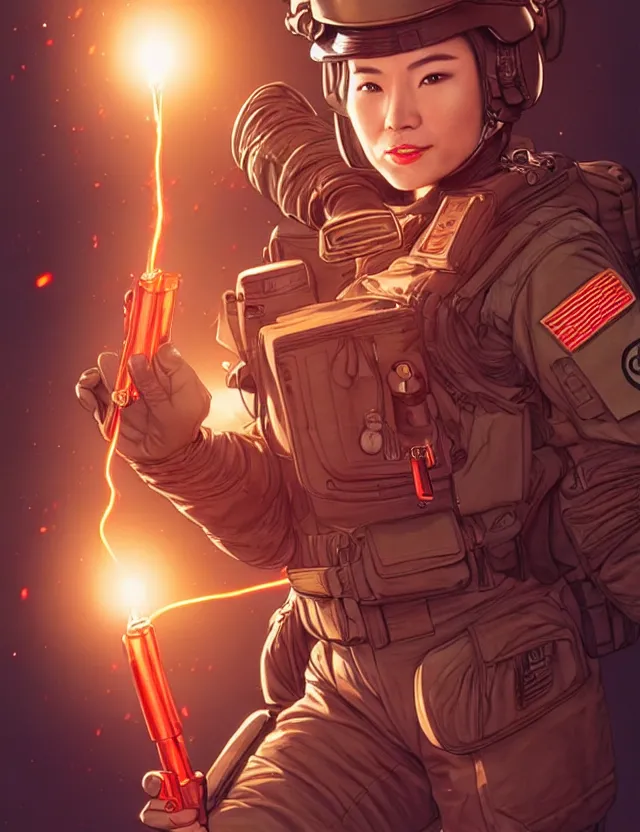 Image similar to a brown - haired woman in a military uniform hovering in the air glowing with red light and crackling energy, by tian zi and artgerm and xiaoguang sun and moebius, trending on artstation, digital art, 4 k resolution, detailed, high quality, sharp focus, hq artwork, coherent, insane detail, concept art, character concept, character full body portrait