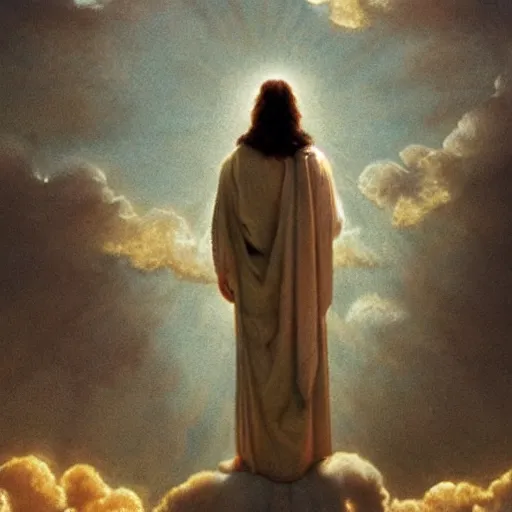 Prompt: jesus standing on a cloud looking down on earth