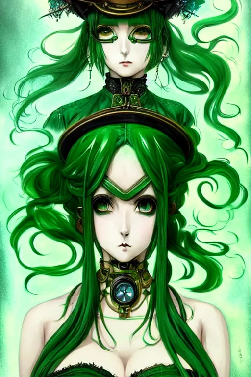 Image similar to beautiful green hair anime woman victorian dress, steampunk, fantasy, eerie, intricate details, pixiv, digital painting, artstation, concept art, 8 k, art by artgerm, loish and alohonse mucha and eiichiro oda symmetrical face symmetrical eyes