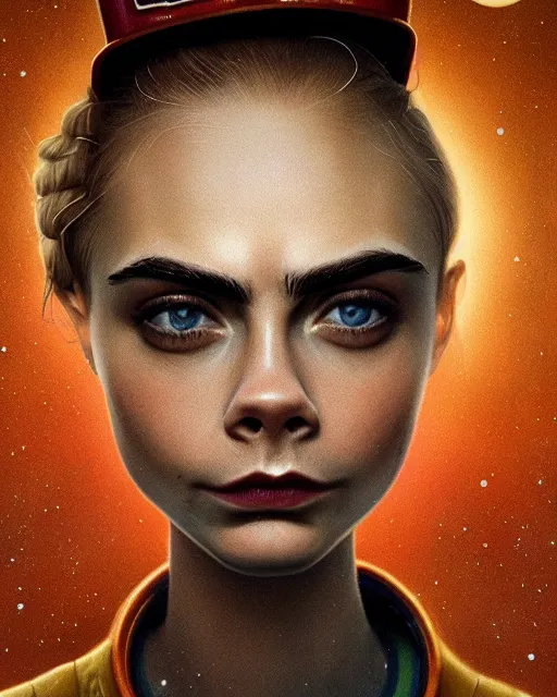 Image similar to closeup face profile portrait of cara delevingne as a soviet chernobyl space toy, bikini, depth of field, zeiss lens, detailed and intricate environment, fashion photoshoot by nicoletta ceccoli, mark ryden, lostfish, breathtaking, 8 k resolution, artistic, hyperrealistic, octane render