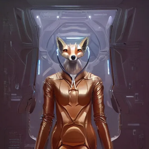 Image similar to Portrait of a tall anthropomorphic fox scientist wearing a futuristic bio suit, intricate, cinematic lighting, highly detailed, digital painting, artstation, concept art, smooth, sharp focus, illustration, art by Artgerm and Greg Rutkowski