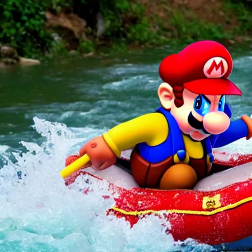 Image similar to mario rafting in a violent river