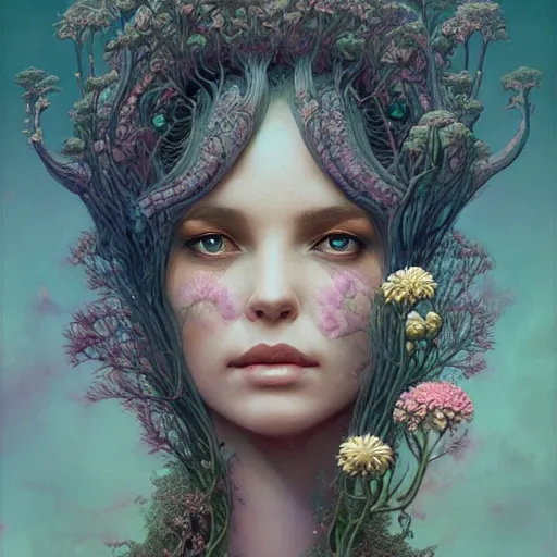 Image similar to a beautiful detailed front view portrait of a woman with ornate growing around, ornamentation, flowers, elegant, beautifully soft lit, by wayne barlowe, peter mohrbacher, kelly mckernan,