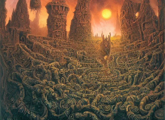 Image similar to jim henson's labyrinth an impossible maze filled with twisted turns a goblin city and a castle looming in the background by frank cowper, john singer sargent and delacroix style, artistic, intricate painting, cinematic lighting, hyper realistic, extremely detailed, vivid colors, establishing shot, dramatic lighting