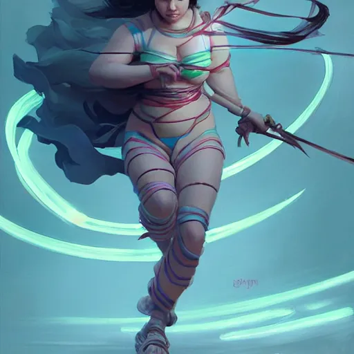 Image similar to curvy asian ethnic warrior girl, digital illustration by ruan jia on artstation, outlined by whirling illuminated neon lines and fine lines swirling in circles by jesper ejsing and rhads and makoto and shinkai and lois van baarle, digital art, trending on artstation - h 9 6 0